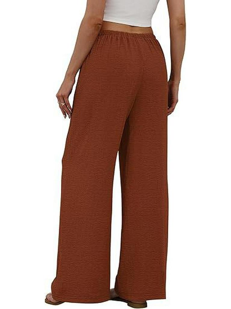 European & American Women's Casual Solid Wide-Leg Beach Pants with Elastic Waist & Pockets