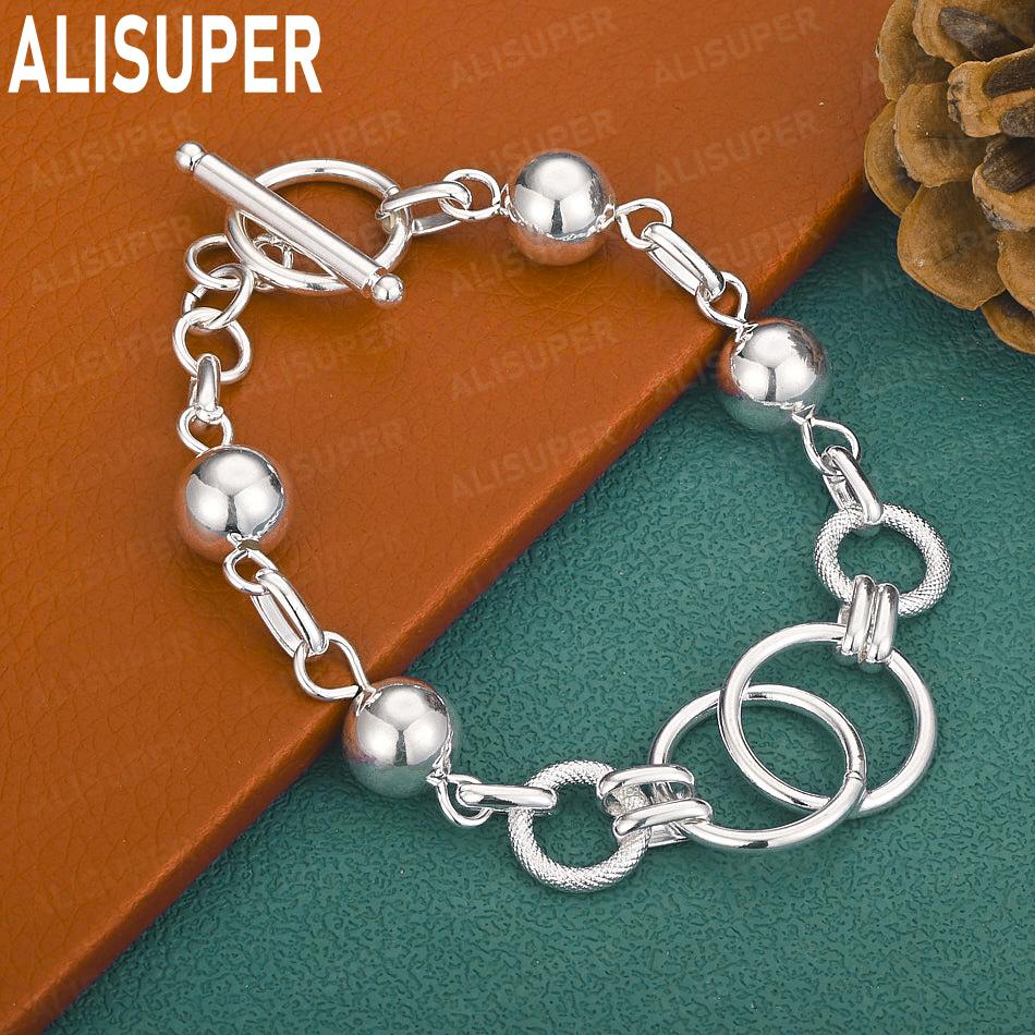 925 Sterling Silver Ring Clasp Bead Side Chain Bracelet - Exquisite Gift Jewelry 20CM
