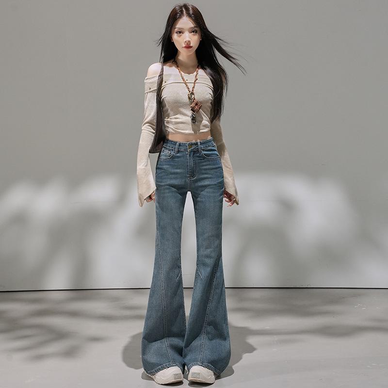 Retro blue denim micro-pull pants women's autumn new splicing elastic flared pants nine points/trousers