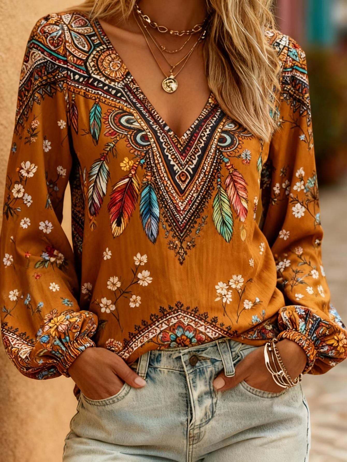 

Printed Retro Western Style Shirt | V-neck women s retro colorful printed long-sleeved top, suitable for daily wear and vacations XXL