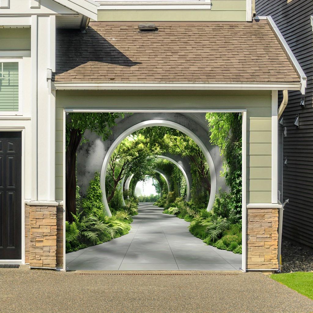 A large decorative backdrop for an arched garage door surrounded by green trees