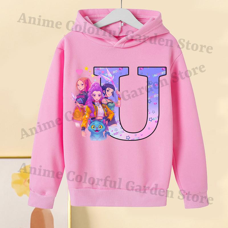 KPop Dämonenjäger Pinke Hoodies für Kinder Cartoon Buchstaben bedrucktes Kapuzensweatshirt Mädchen Herbstmode Hoodie Kinderkleidung