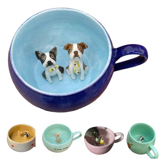 350ml Ceramic Cup with Hidden 3D Animal Handmade Figurine Mug Cartoon Rabbit Dog Cat Coffee Cup Beverage Holder