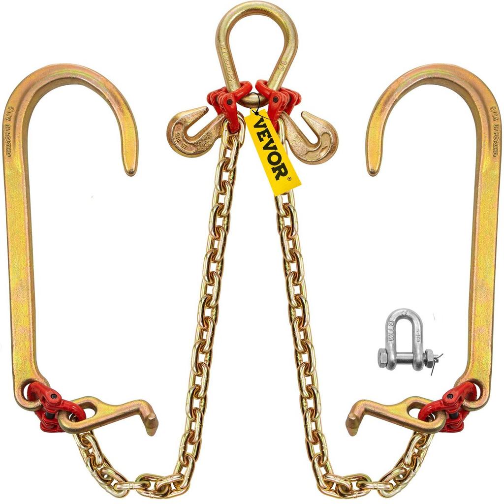 V Bridle Chain, 5/16 in x 2 ft Bridle Tow Chain, Grade 80 V-Bridle Transport Chain, 9260 Lbs Break Strength with TJ Hooks and Crab Hooks, Heavy Duty