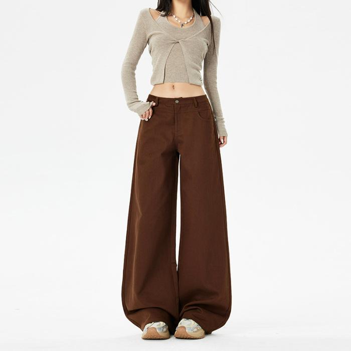 American retro high waist loose wide leg pants versatile drape flared pants spring jeans women's new coffee trousers