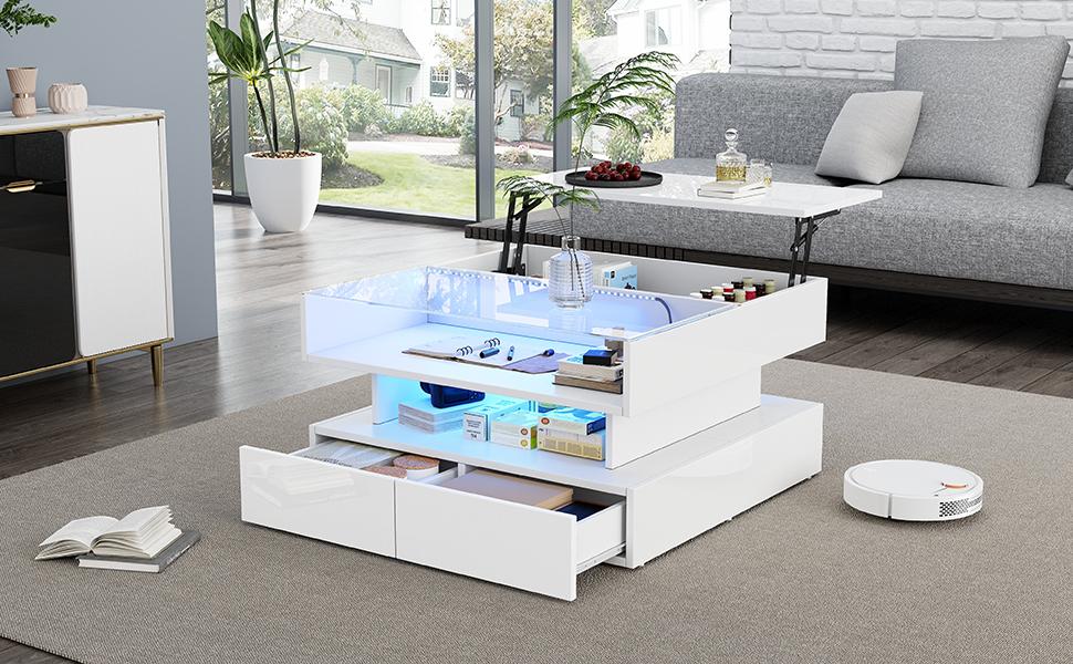 Mesa de centro regulable en altura de 80*80*45 cm con almacenamiento oculto y 2 cajones, luces LED, alto brillo, hecha de vidrio templado, blanca