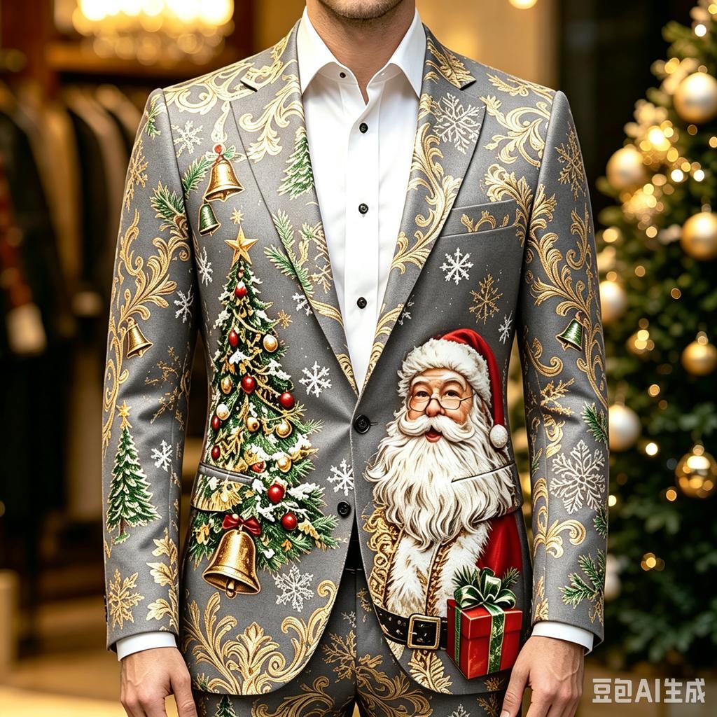 Men's Business Casual Christmas Print Long Sleeve Lapel Jacket No Tie Included