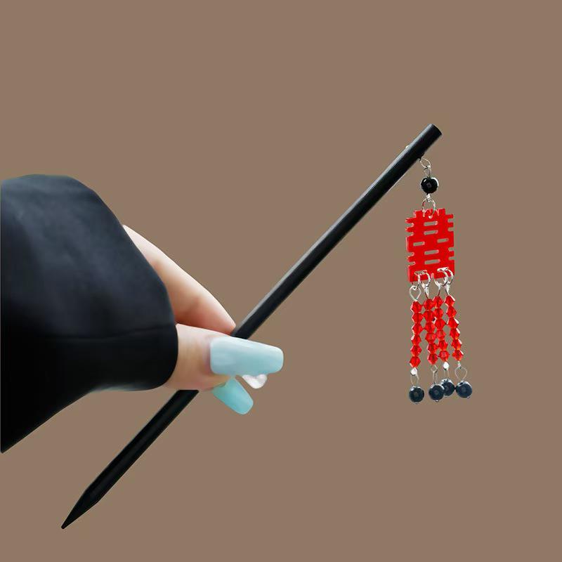 Elegant Red Rose Tassel Hairpin - U-shaped Hair Accessory for Women, Perfect for Updos and Traditional Attire.