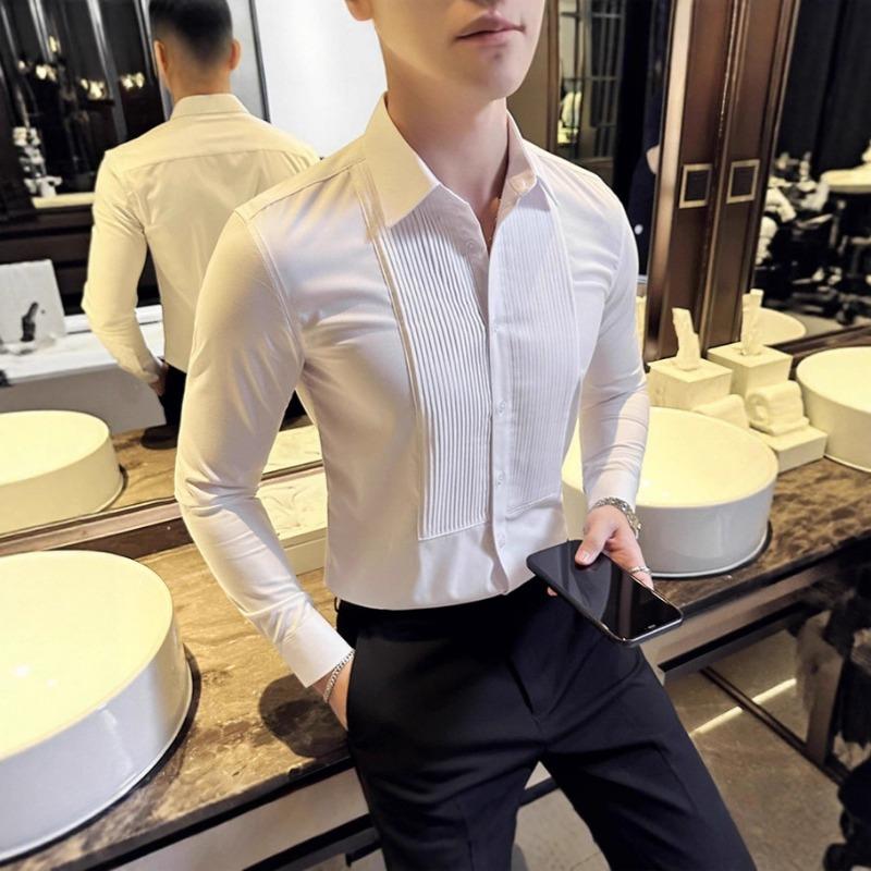 Heren Franse Textuur Slim Fit Lange Mouwen Formeel Smoking Dress Shirt