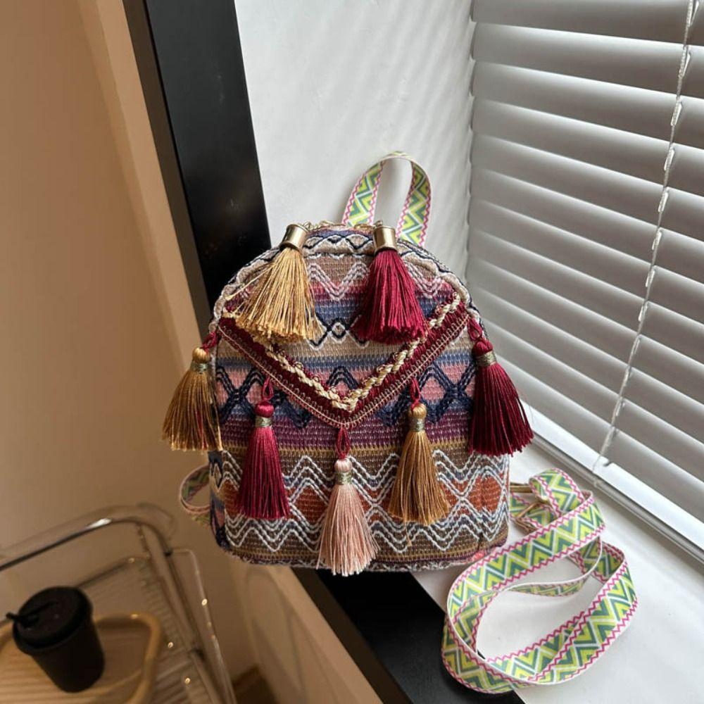 Stripe Ethnic Style Tassel Backpack Embroidery Chinese Style Handbag Outdoor