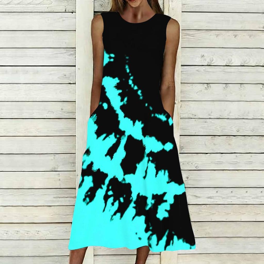Women Plus Size Sleeveless Crew Neck Dress Bright Ditsy Botanical Flowy Mid Calf Dress