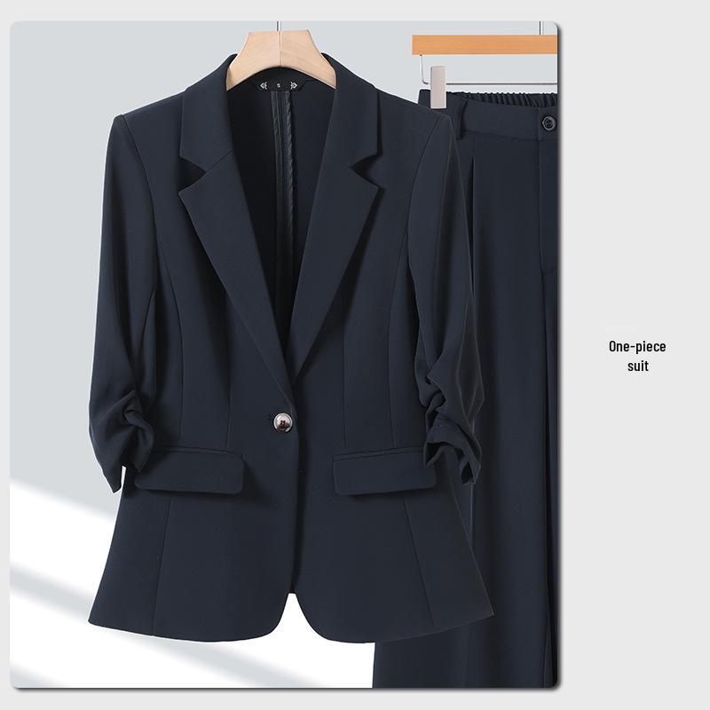 Women's Elegant Wrinkled Seven-Sleeve Blazer Suit with Wide-Leg Pants - Thin Style 2026 Spring/Summer Collection