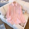 Camisa Lisa Nova Primavera Verão Feminina Gola Polo Manga Longa Cardigan Fashion Patchwork Elegante Botão Strass Top Chique
