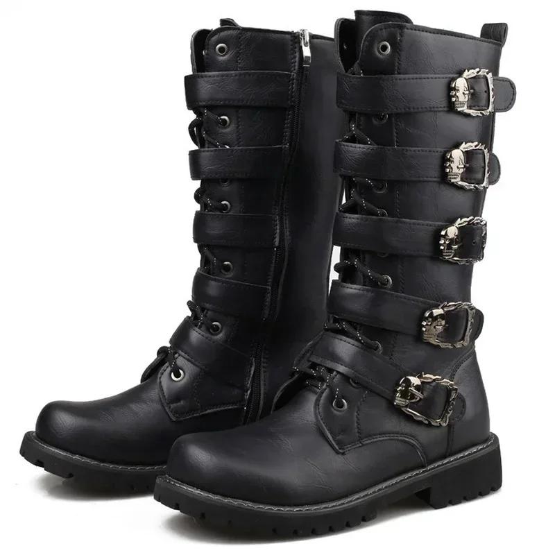Winter Men's Leather Motorcycle Boots Punk Chain Mid-calf Platform Gothic Combat Boots for Men Biker Boots Men