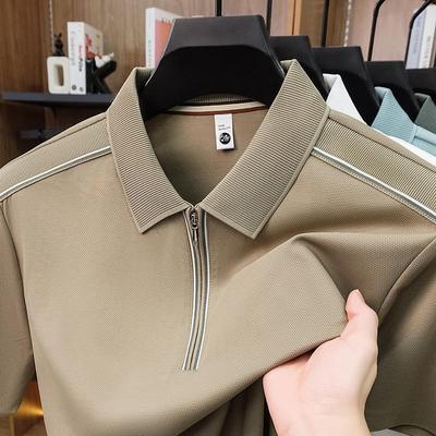 Jin An Men's Seamless Polo Shirt: Summer Wool Collared, Spliced Shoulders, Half-Zip, Breathable Casual T-Shirt