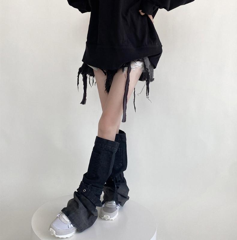 Harajuku Cargo Leg Warmers with Adjustable Buckle Strap Pocket for Women Punk Denims Baggy Foot Covers Footless Socks