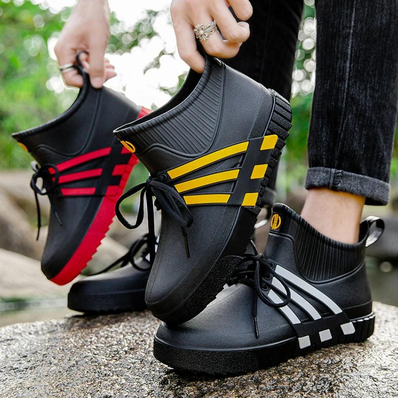 מגפי גשם עמידים למים לגברים נעליים שטוחות יומיומיות מגפונים מגומי נעלי עבודה בטיחות גלגלים מגפי גומי לדיג לבעל נעלי מטבח