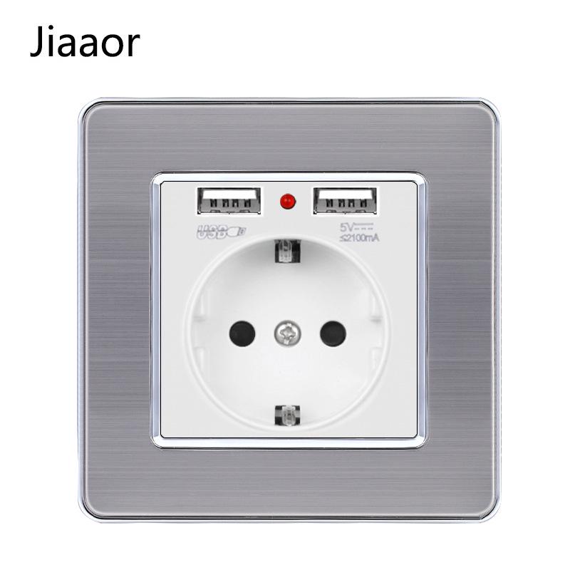 Padrão Europeu Tipo 86 Painel de Interruptor e Tomada de Parede Duplo em Aço Inoxidável com USB-C, Estilo Alemão, Montagem de Parede Embutida.