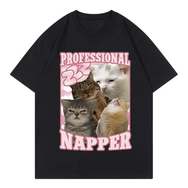 Professional Napper Funny Cat Meme Tshirt Kawaii Fashion Short Sleeve Tshirts High Quality Cotton Clothing Tee Shirt Unisex