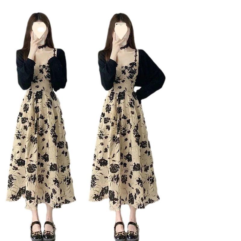 Sommer neues französisches Retro-Blumen-Latzkleid Hepburn-Stil schickes Strickjacke langes Kleid zweiteiliges Set