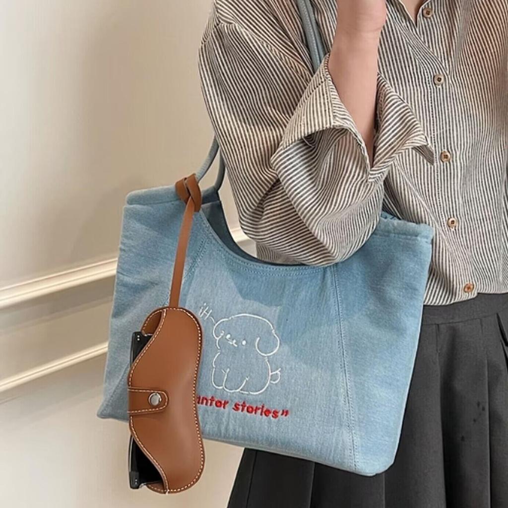 Cartoon Denim Canvas Bag Women'S Fashion Korean Tote Bag Versatile Large Capacity Underarm Bag Tide
