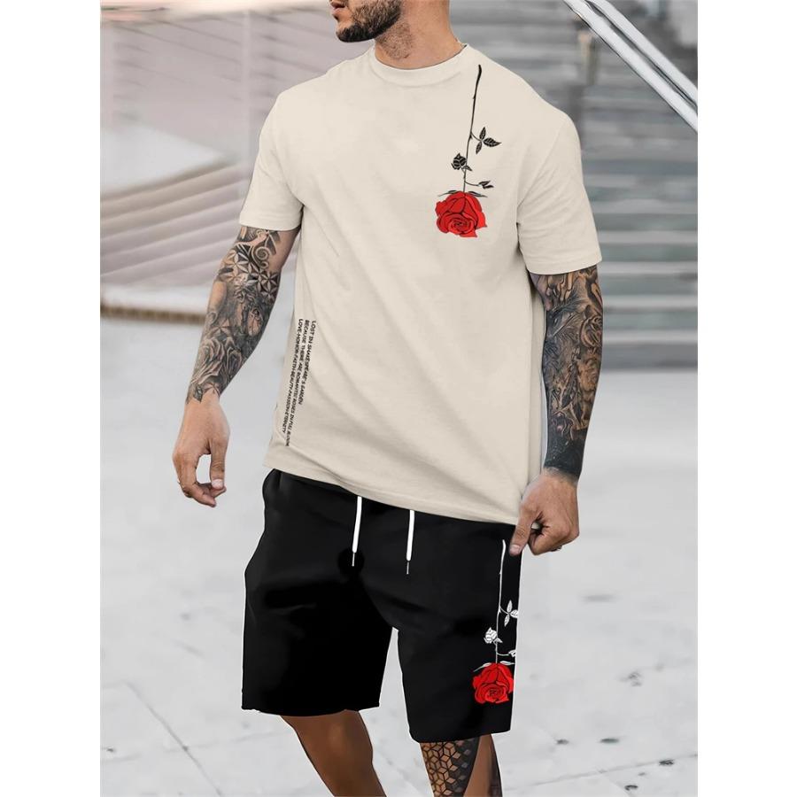 Summer Patchwork Monogrammed T-Shirt Men Crew Neck Short Sleeved Drawstring Shorts Tracksuit Outdoor Street Photography Clothing