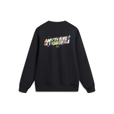 Li Ning Sports Lifestyle Series Letter Pattern Printed Crew Neck Pullover Sweatshirt Men Sweatshirt Black AWDU019-4