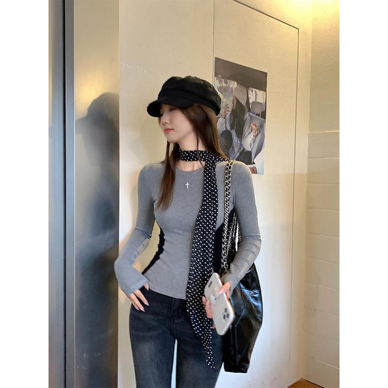 American Contrasting Color Brushed Plus Velvet Long-sleeved Bottoming Shirt, Autumn and Winter New Model, Slim Fit Hot Girl Elastic Top