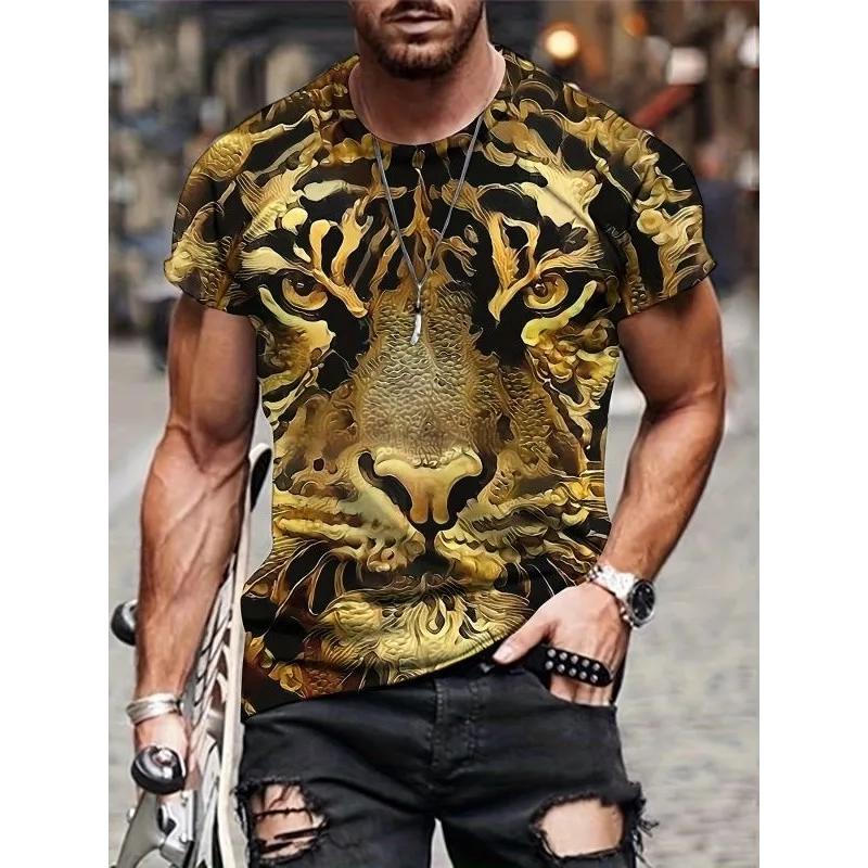 T-shirt da uomo alla moda con scollo rotondo, manica corta, stampa animale 3D a colori, manica corta con scollo rotondo