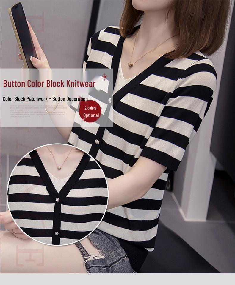 Plus Size Women's Summer Striped V-Neck Two-Piece Ice Silk Knit Top