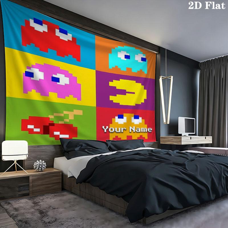Pac-Man Custom Name Wall Tapestry Aesthetic Wall Hanging Printed Fabric Blanket Decorative Tapestries for Bedroom Living Room Home Decor
