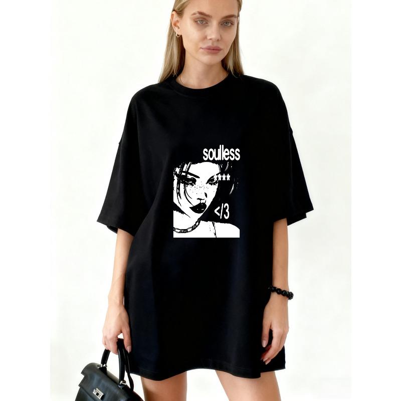 

Oversized T-Shirt Black Graphic Print With Face And Text Soulless 13 Casual Streetwear Fashion For Women XXXXL чорний