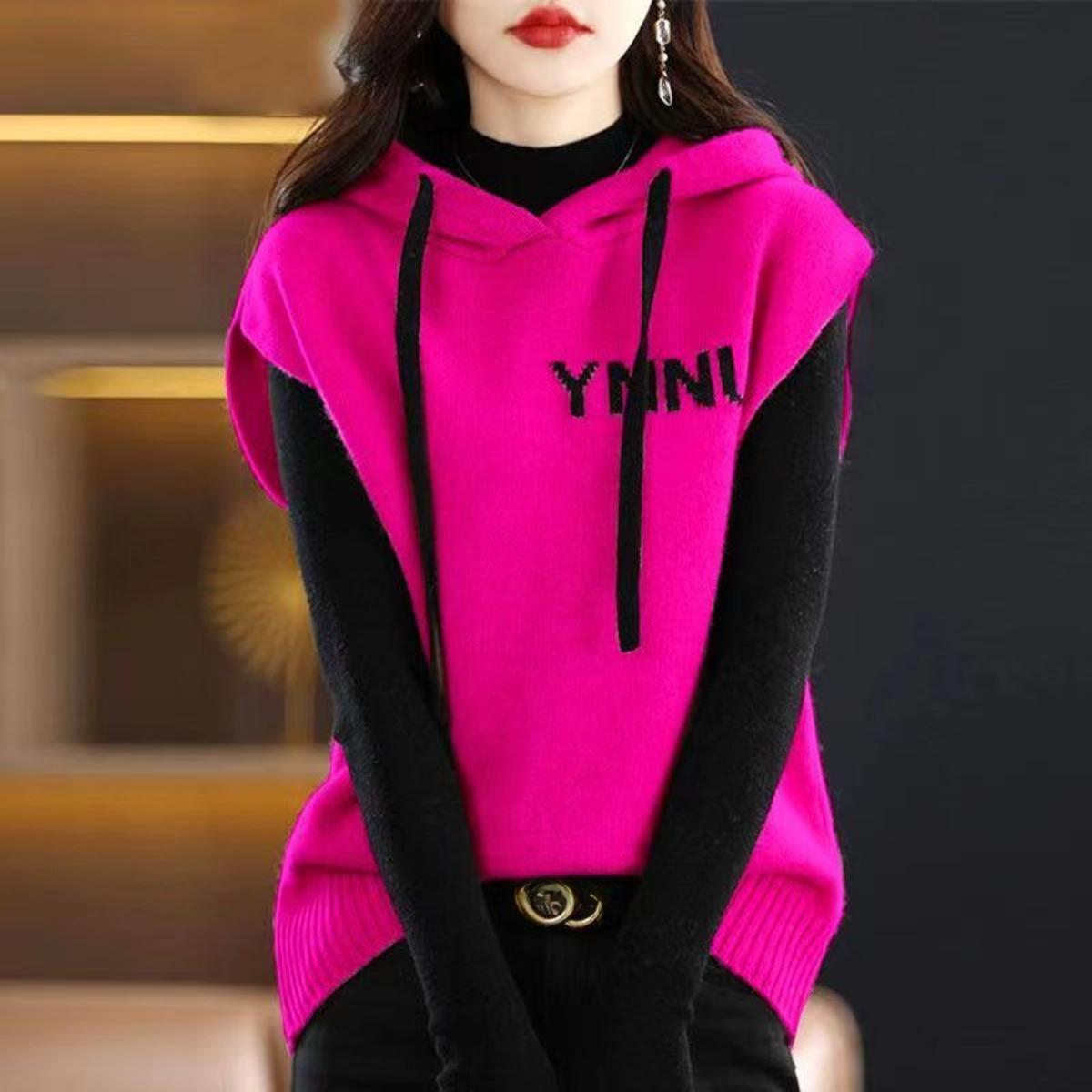 

Вязаный свитер с капюшоном, без рукавов, свободный, вязаный, жилет с цветными блоками для осени и зимы, стильная верхняя одежда S ярко-розовый