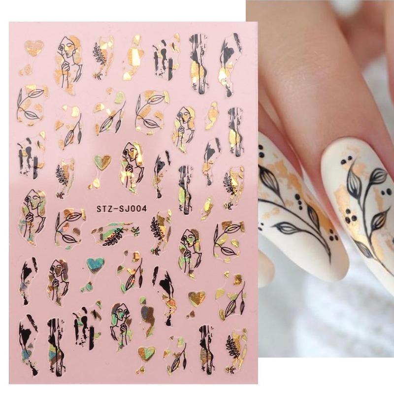 Graffiti Strips Nail Stickers for Women Nail Art Decorations Rose Gold Abstract Line Spring 3D Slider for Manicure Polish Tattoo