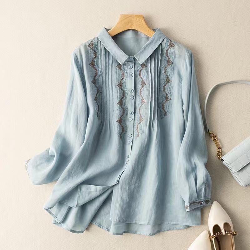 Осенняя хлопковая льняная художественная ретро свободная тяжелая вышивка повседневная рубашка топ для женщин M синий