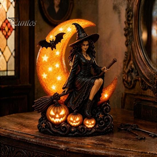 Handcrafted Resin Ornament Halloween Witch Lamp, Gothic Crescent Moon LED Night Light, Tabletop Statue Spooky Decorative Table Lamp for Bedroom