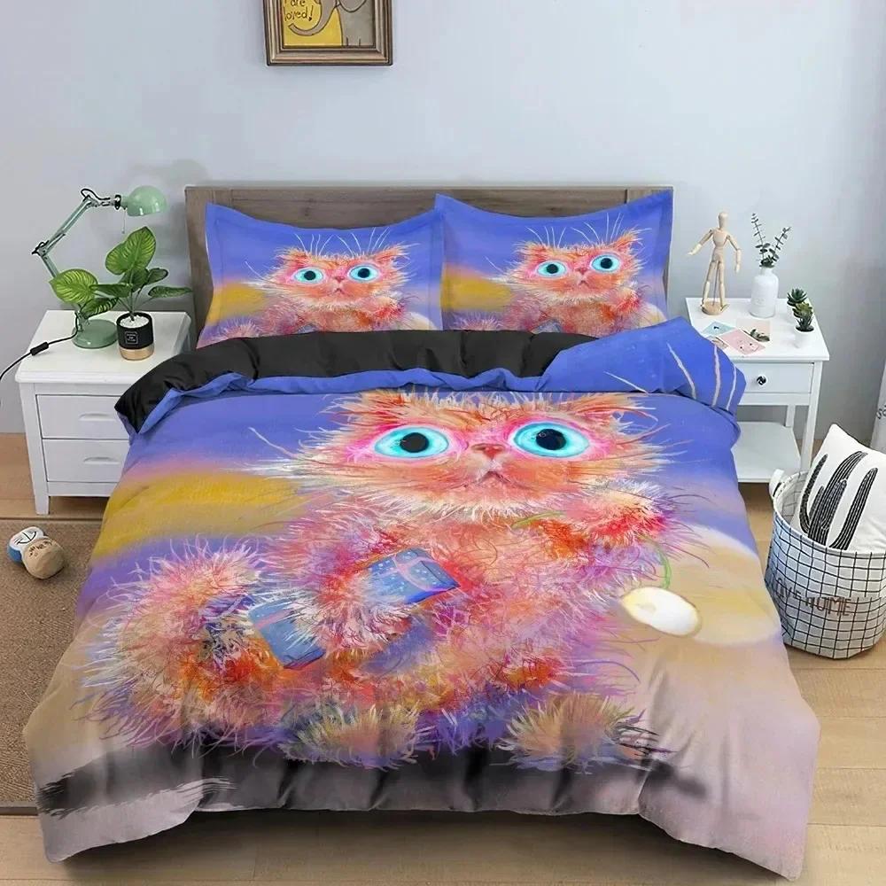 Luxury New 3D Print Watercolor Cartoon Cat Bedding Set Boys Girls Twin Queen Size Duvet Cover Bed Kids Adult Home Textileextile