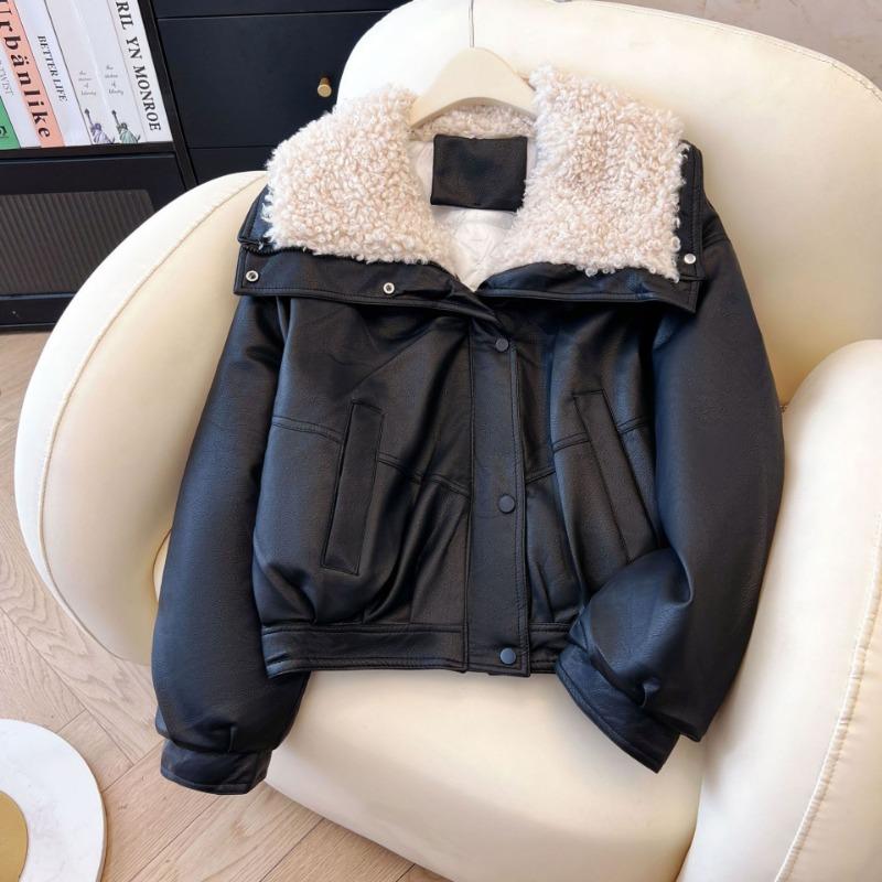Lamb wool large fur collar lambskin solid color coat 25 new down cotton thickened loose cotton clothes