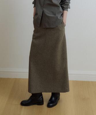 LINGSEOUL Wool Twill H-Line Skirt-Brown