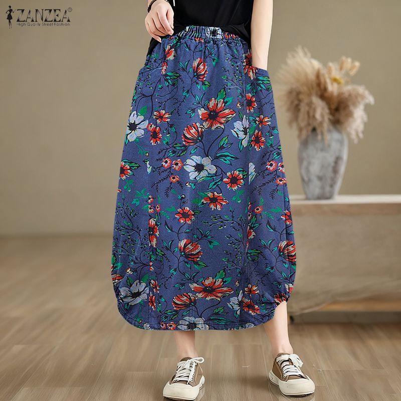 ZANZEA Women Casual Elastic Waist Loose Floral Print Midi Skirts