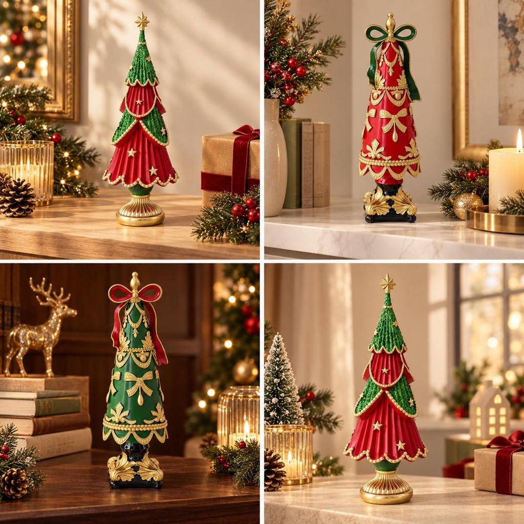 Resin Christmas Tree Figurine Seasonal Tapered Decor with Gold