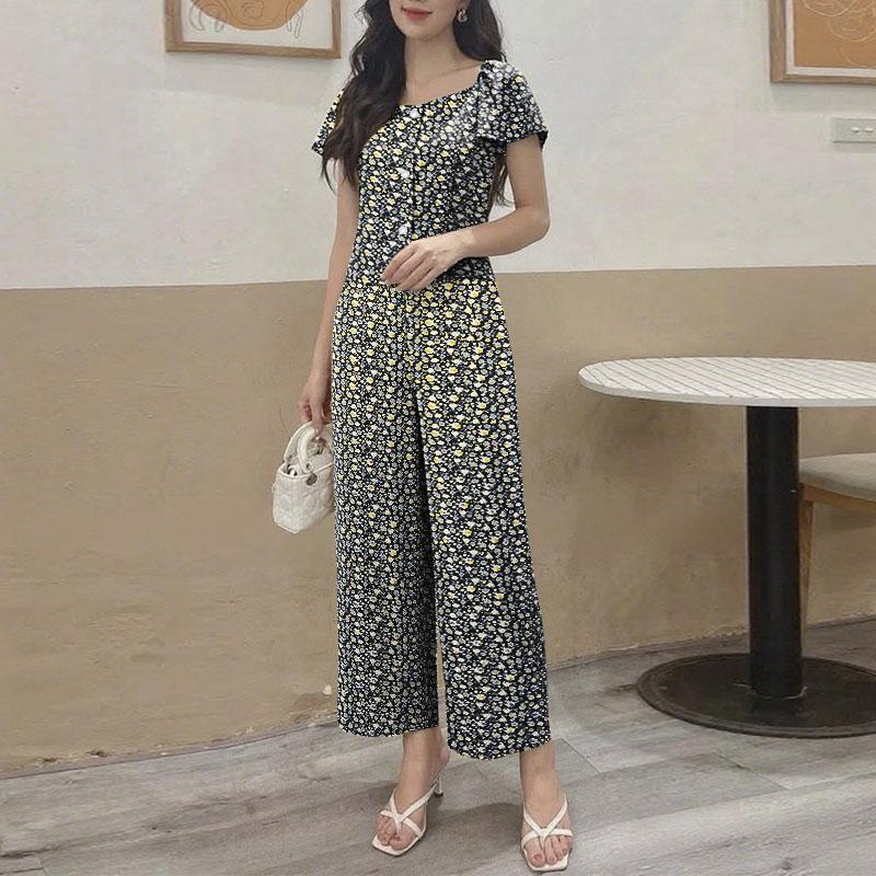 

ZANZEA Женский блузон с коротким рукавом и брюки, повседневные комплекты-двойки с цветочным принтом 5XL чёрный