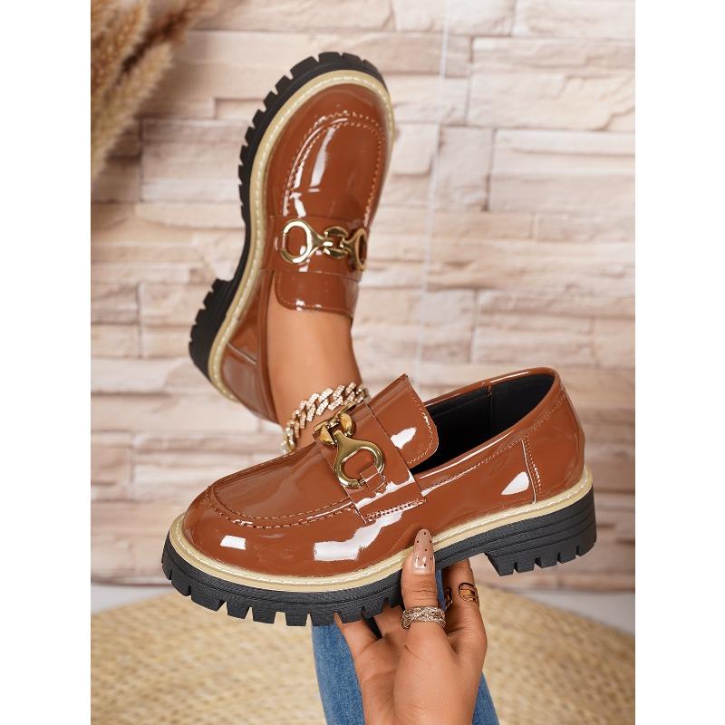 Vintage Metal Chain Platform Low-top Shoes 2025 Autumn New Muffin Plus Size British Style Small Leather Shoes for Women