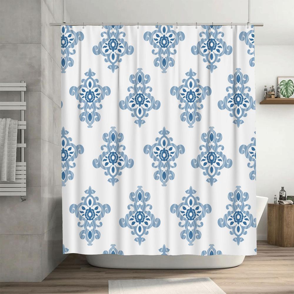 Blue Floral Shower Curtain Waterproof Bath Rug Decorative Home Decor Set Bathroom Shower Room Decorations for Kids Girls White B