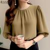 ZANZEA Women Casual Round Neck Solid Color Loose 3/4 Sleeve Blouse