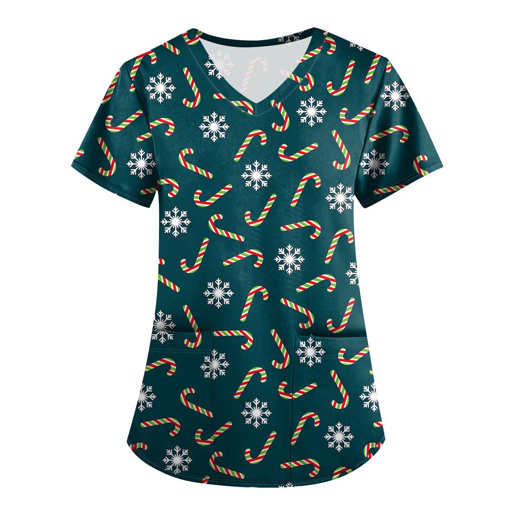 ÜbergrößeBedruckte Kasack Arbeitsuniform Oberteile für Damen V-Ausschnitt mit Überkreuzung Print Kurzarm Lustige T-Shirts Arbeitskleidung T-Shirt mit Taschen