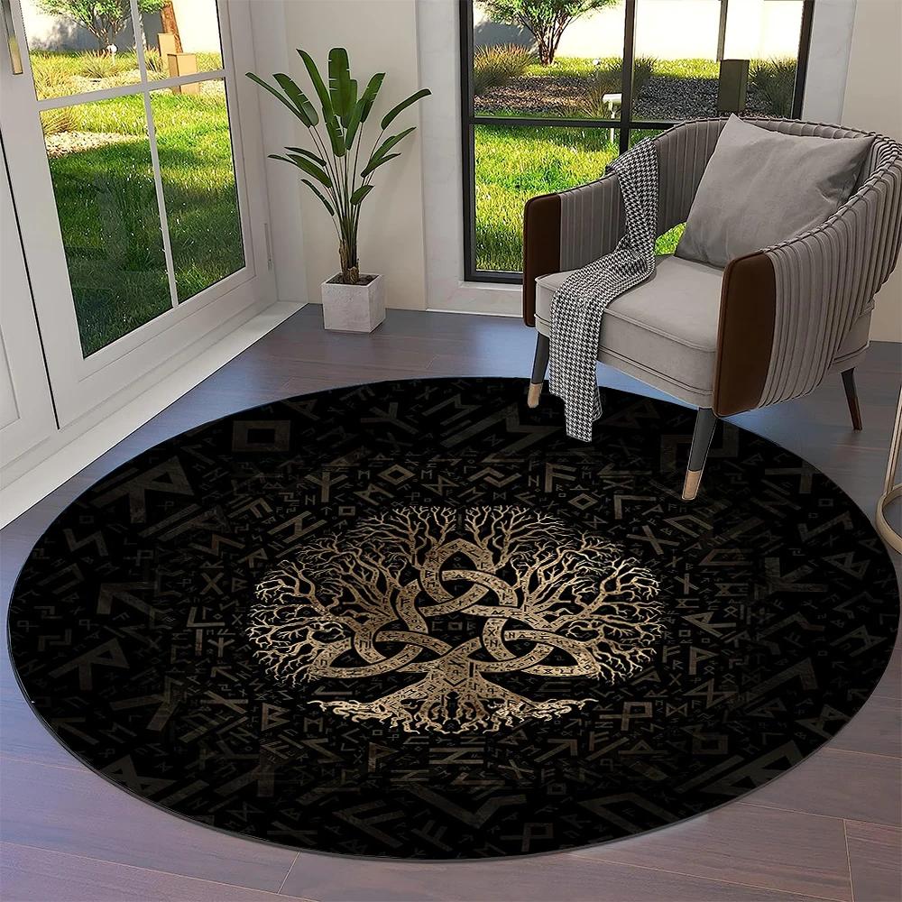 Tree of Life Viking Yggdrasil Valknut Round Carpet Rug for Living Room Bedroom Sofa Decor,Kid Paly Area Rug Non-slip Floor Mat