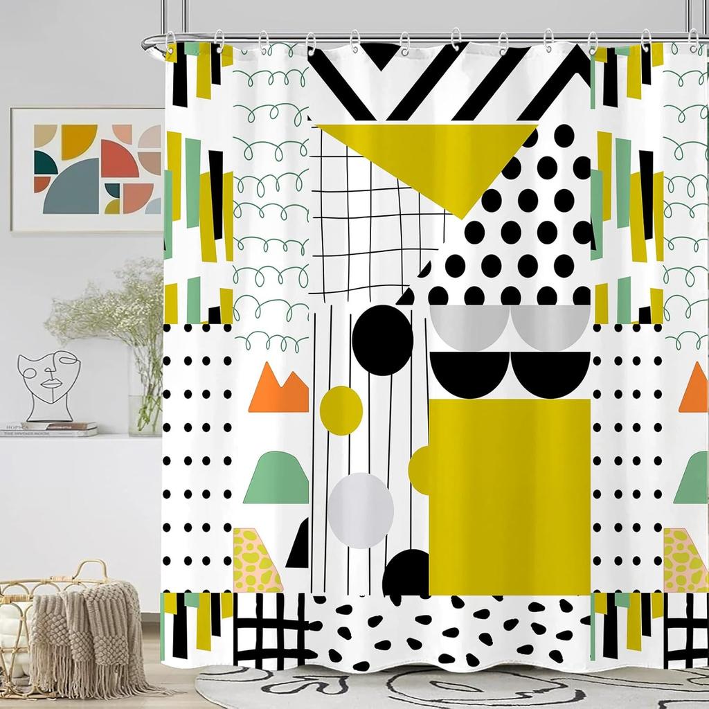 Extra Long Geometric Shower Curtain Mid Century Modern Shower Curtains For Bathroom Abstract Yellow Black White Waterproof