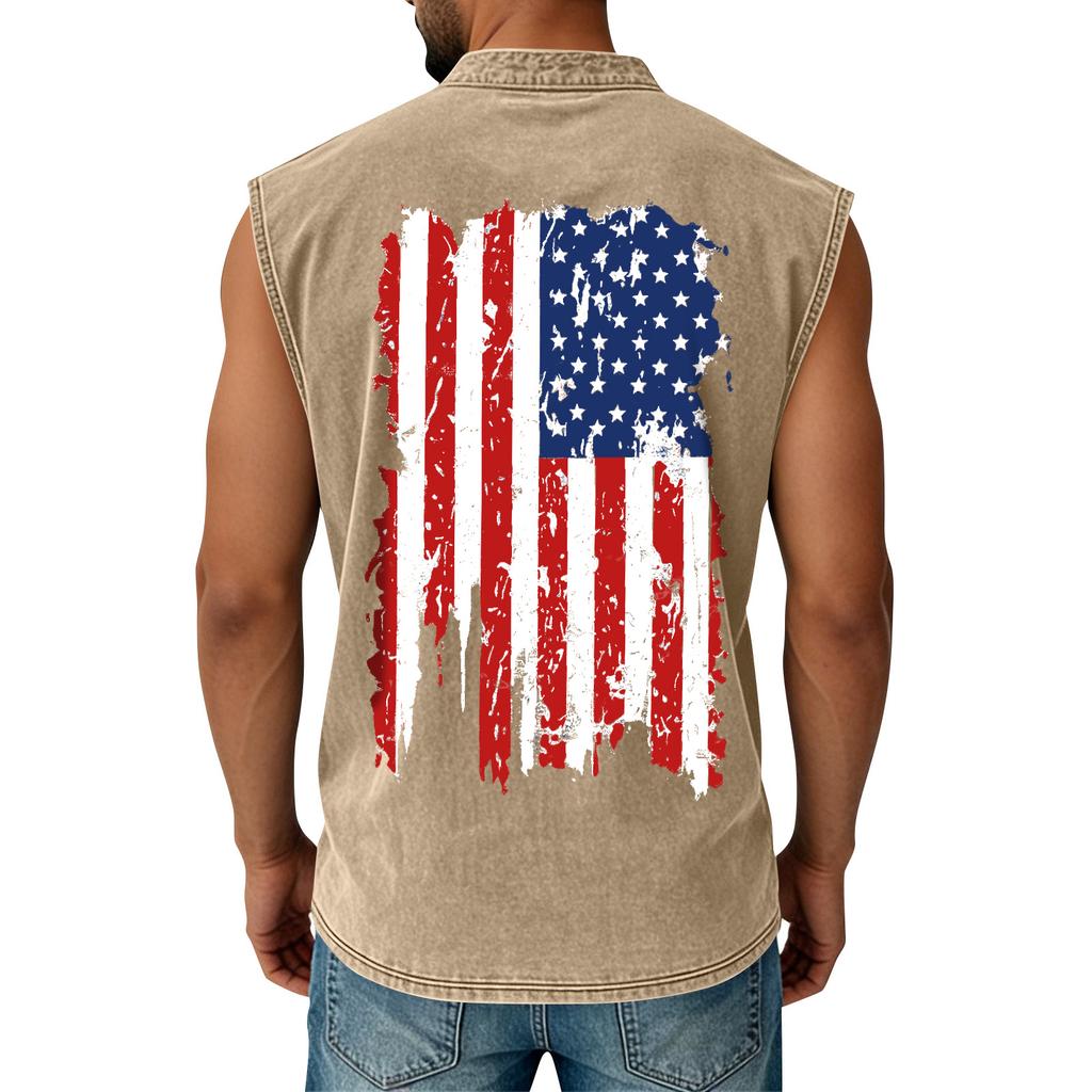 Men's Printed Washed Sports Button Pocket Sleeveless Vest