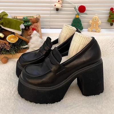 Fashion WHOHOLL Pu Leather Women's Platform Loafers 2024 Gothic Black Chunky High Heels Pumps Woman Preppy Style Jk Uniform Shoes Mujer